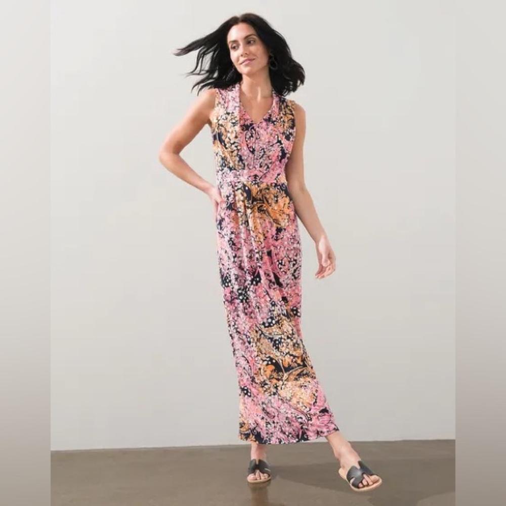 Chico’s Sleeveless Jersey Knit Maxi Dress Navy Blue Multi SZ L Elevated Evening